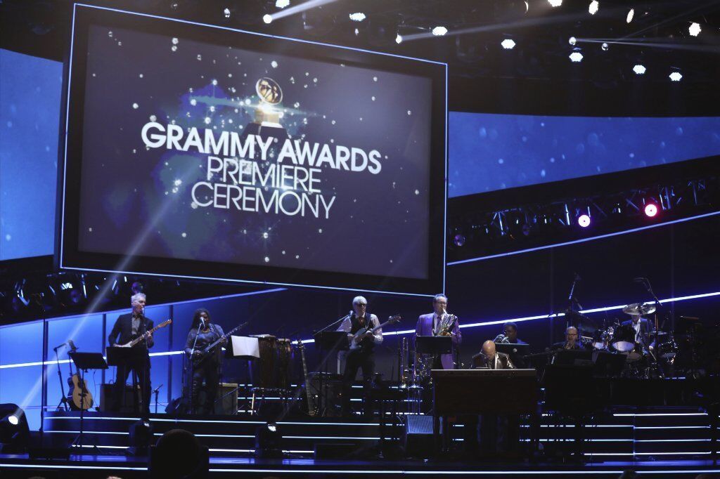 Paul Shaffer and the W.M.D. Band perform at the 60th Grammy Awards pre-telecast show.