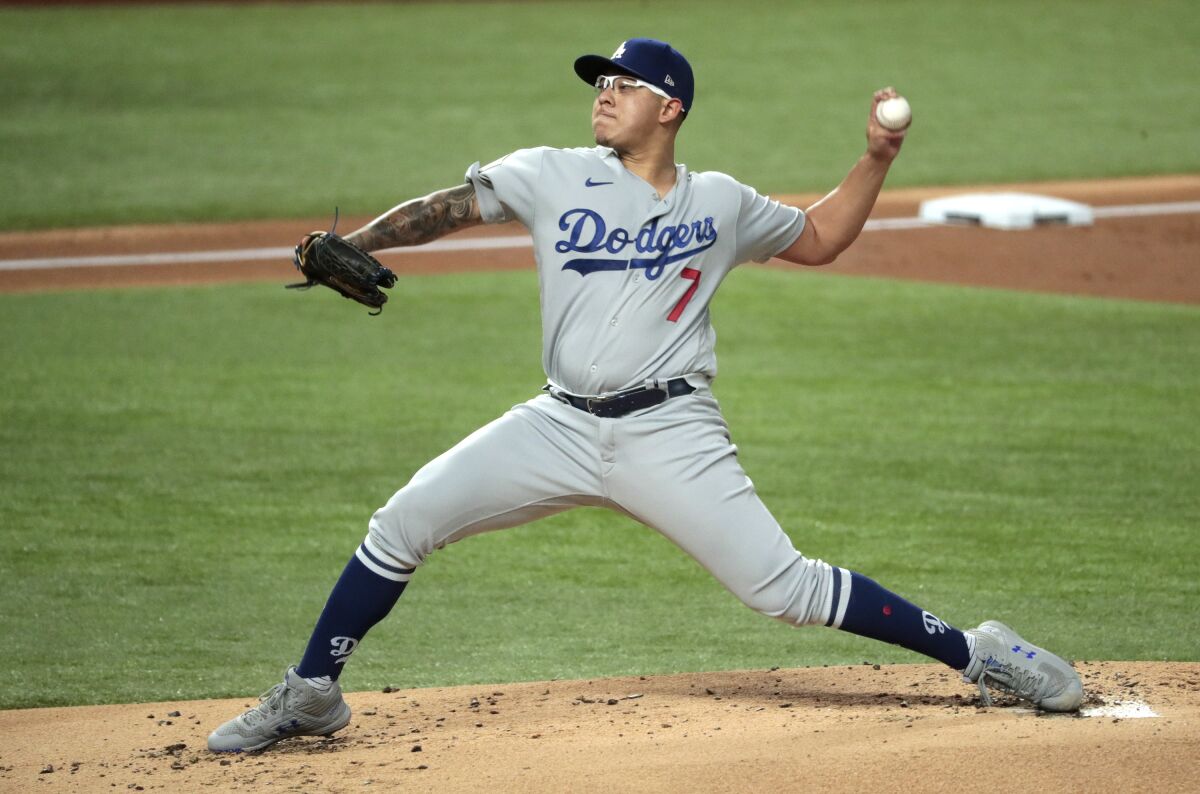 Dodgers starter Julio Urías delivers during Game 4 against the Tampa Bay Rays.