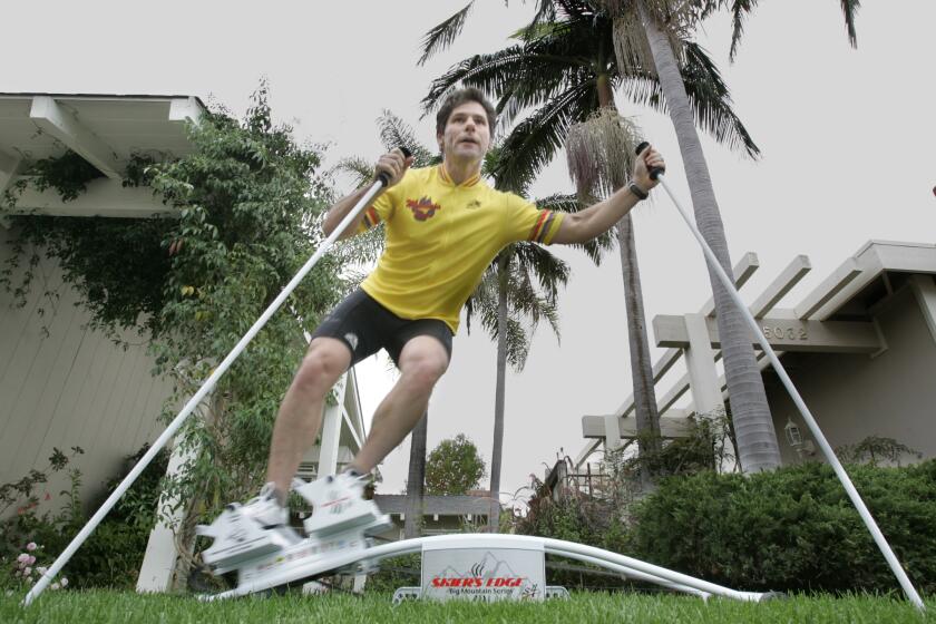 Bartletti, Don –– – October 25, 2005. Irvine, CA. Roy Wallack works out on the Skier's Edge S–4 in the yard of his Irvine home. The American–made machine helps strengthen muscles used in downhill skiing.