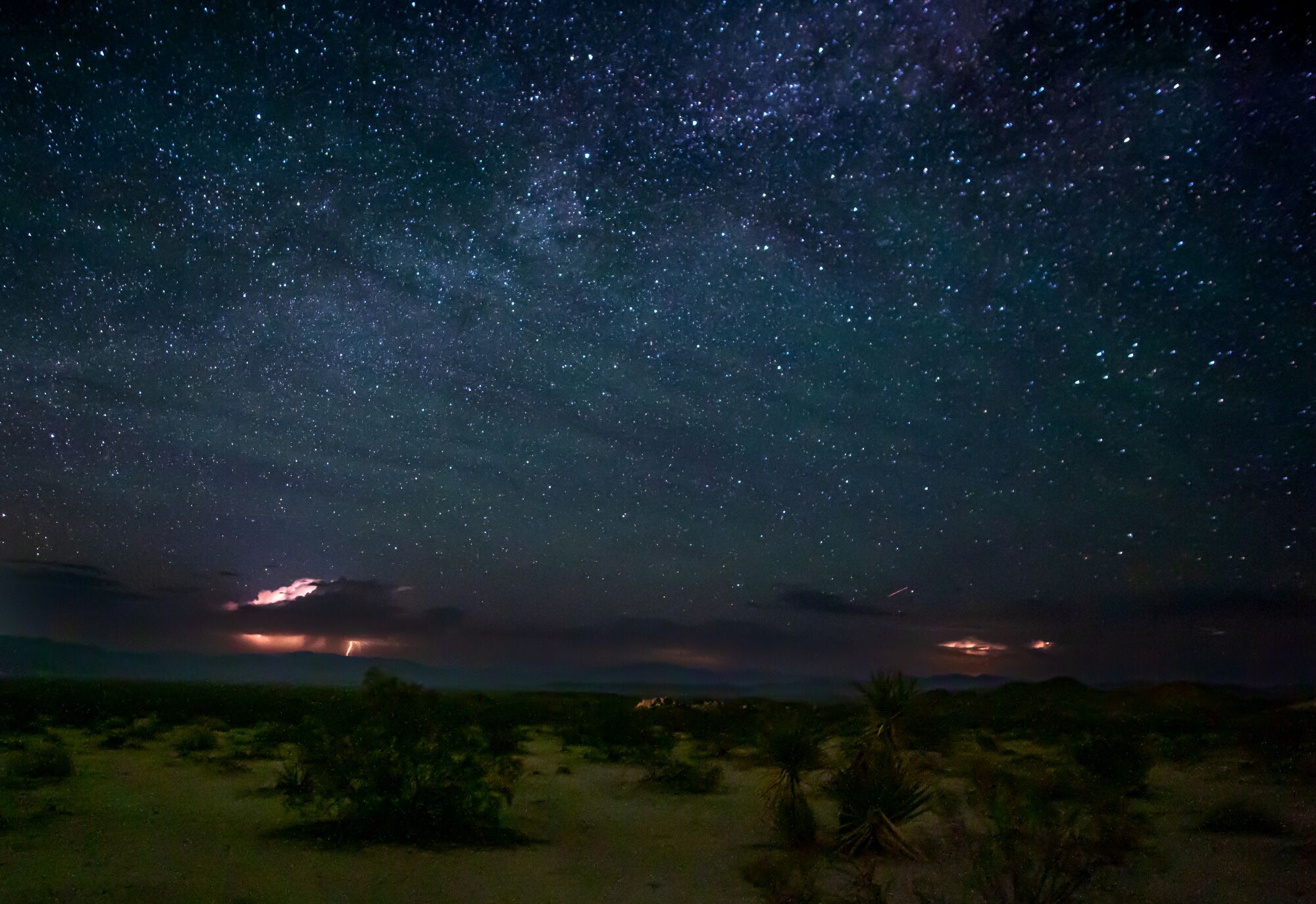Fulmini illuminano il deserto del Joshua Tree National Park.