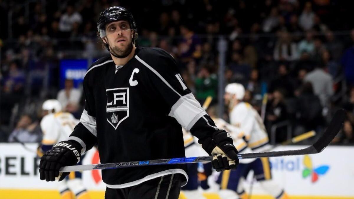 Kings center Anze Kopitar looks on after a goal by Nashville winger Kevin Fiala during the third period of a game on Thursday at Staples Center.