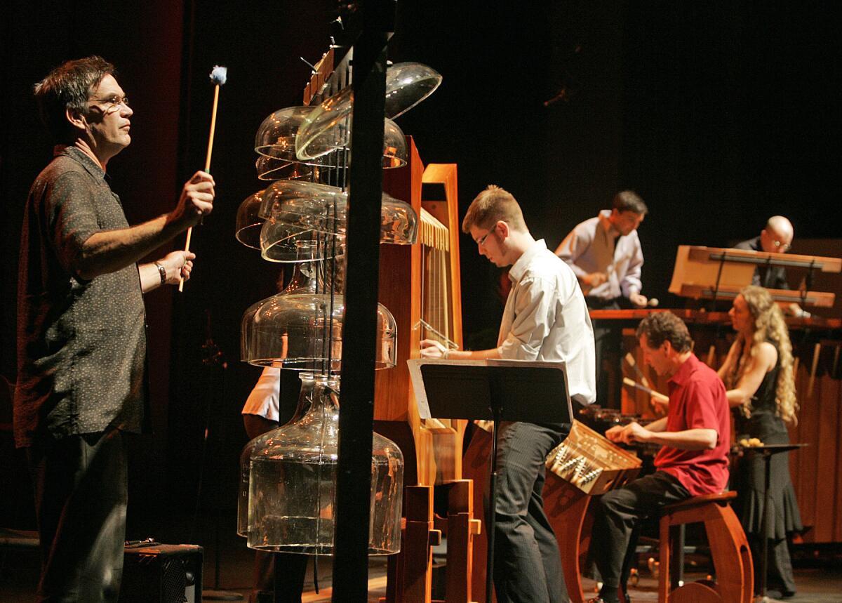 Members of the Partch percussion ensemble performing at the Broad Stage in Santa Monica in 2008.