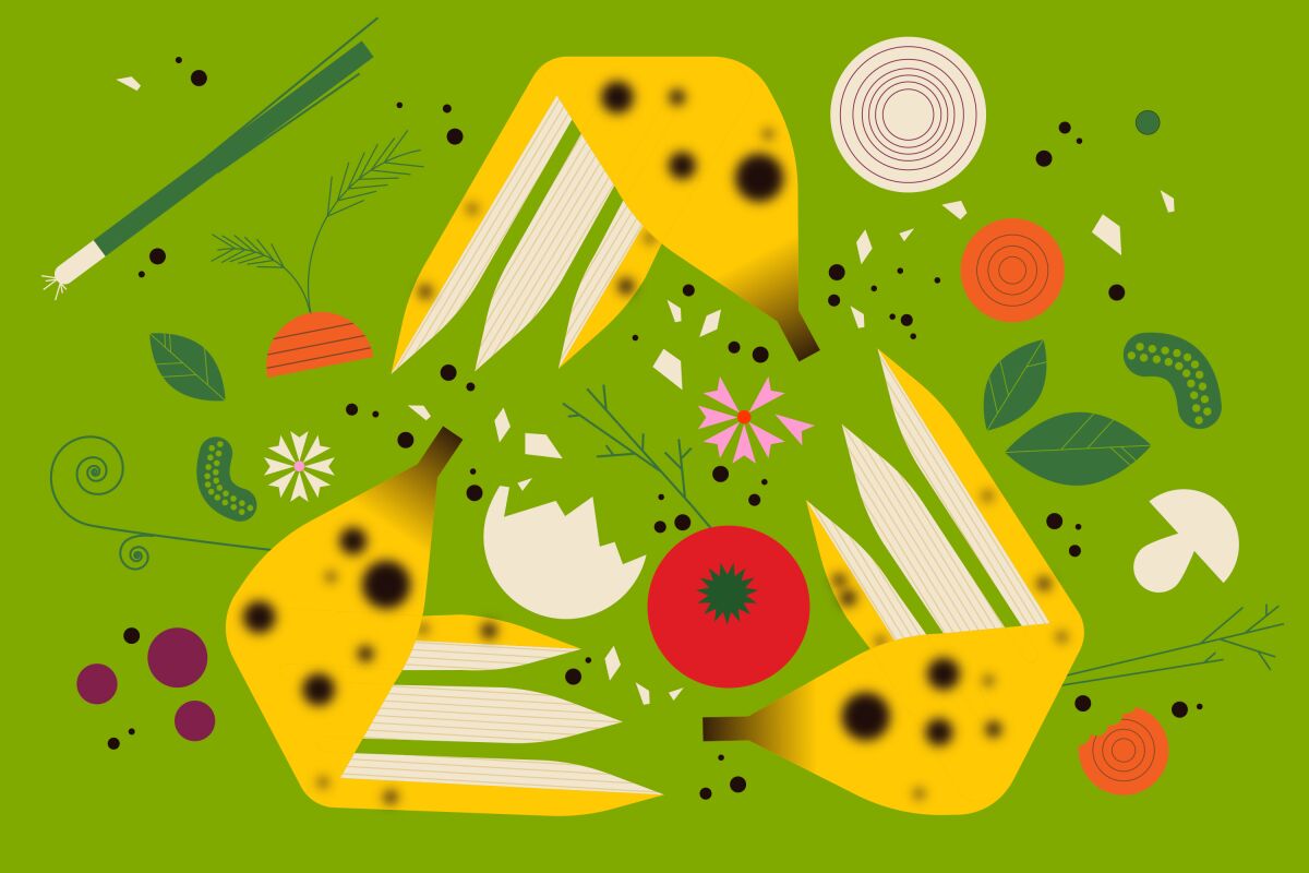Three banana peels form a recycling symbol surrounded by food scraps on a green background.