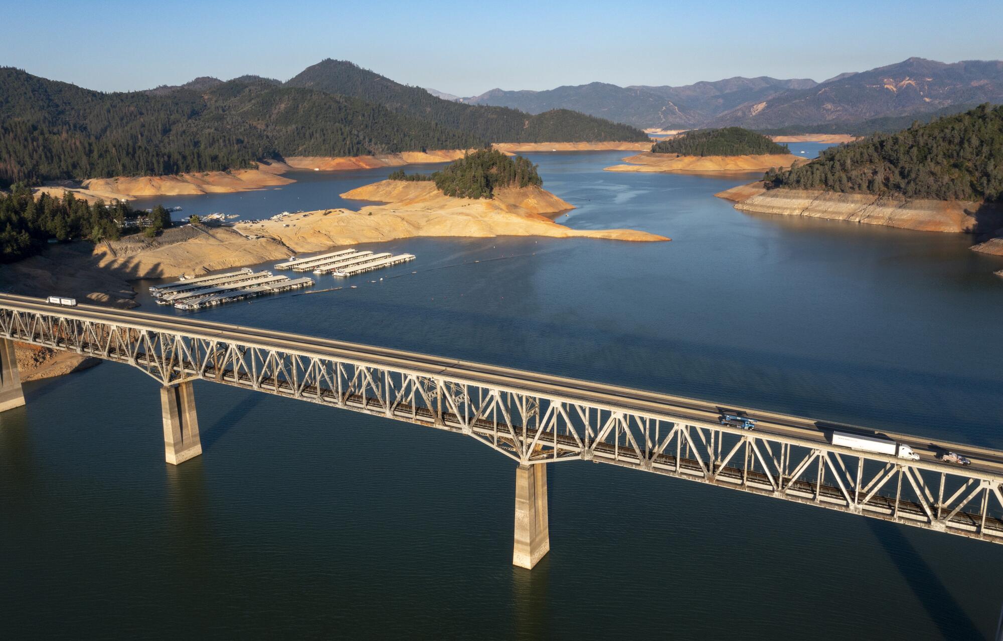 Interstate 5 bridge crosses drought-depleted Lake Shasta