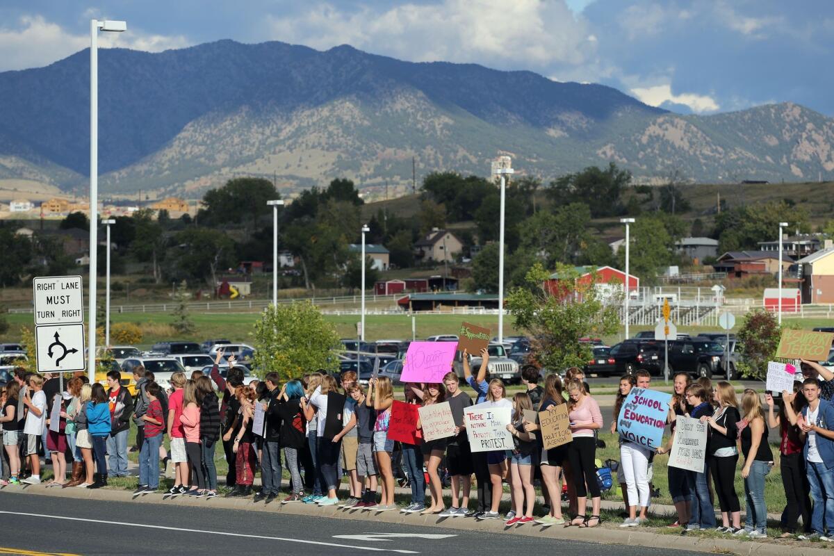 Students at Ralston Valley High School in Arvada, Colo., protest a Jefferson County School Board proposal to emphasize patriotism in the teaching of U.S. history.