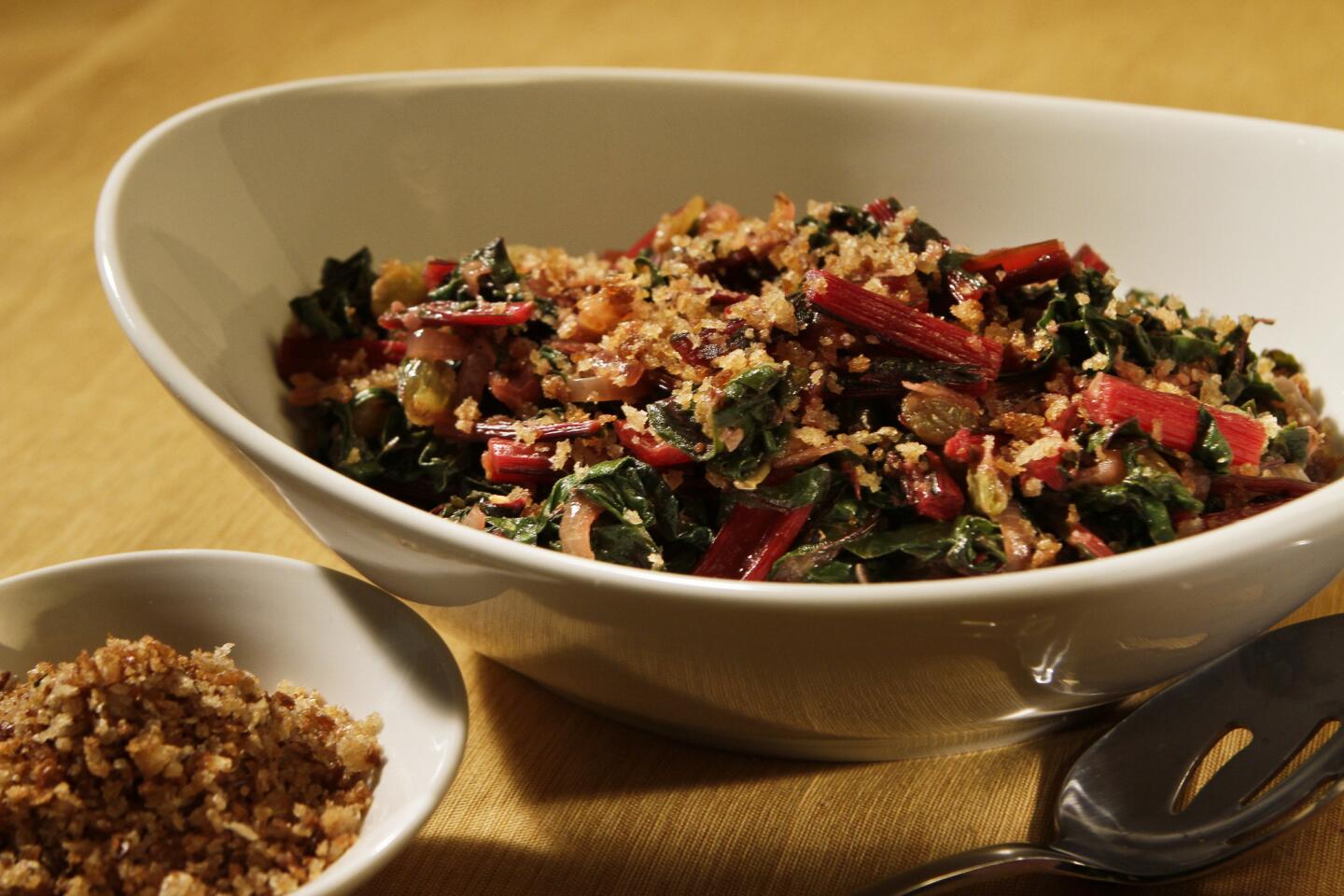 Swiss chard with golden raisins and lemon bread crumbs