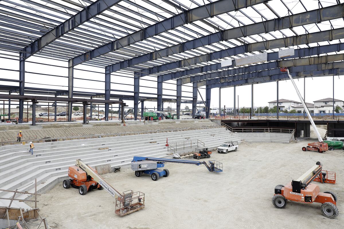 Construction continues on Frontwave Arena at El Corazon, the future home of the San Diego Sockers pro soccer team.