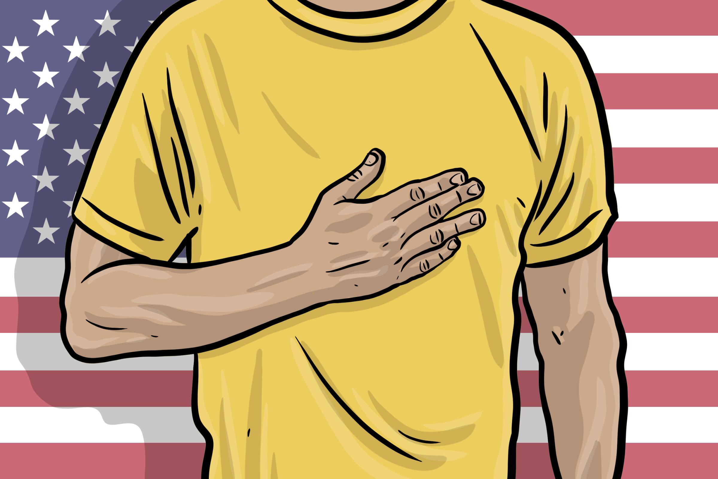 Illustrations in comic style of a person with hand over heart standing in front of a US flag.