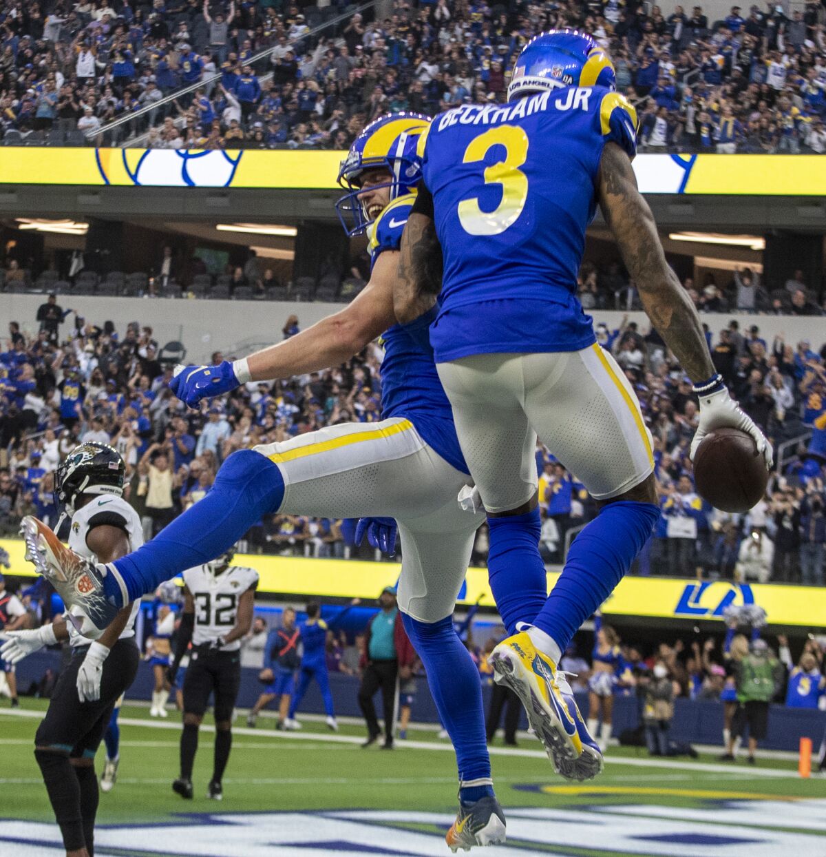  Rams receiver Odell Beckham Jr. celebrates his touchdown catch with Cooper Kupp. 