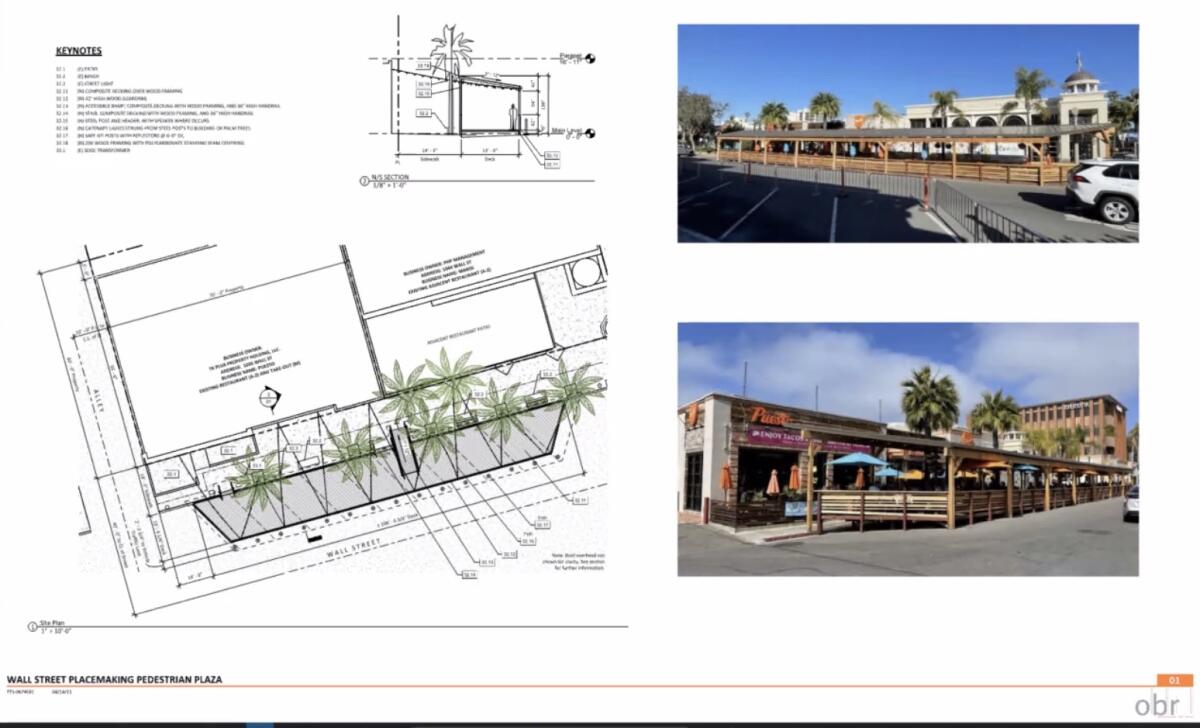 Architect Marie Biaggi showed plans related to Puesto's application for a five-year pedestrian plaza on Wall Street.