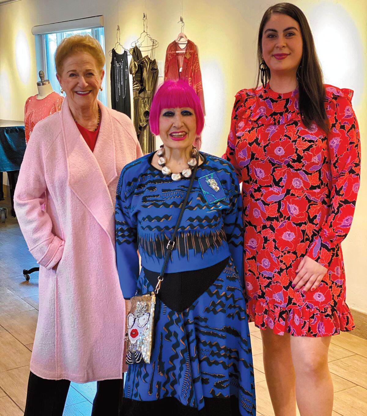 Fashion designer Zandra Rhodes (center) poses with Distinguished Speaker Series underwriter Judy White (left), and La Jolla Community Center executive director Nancy Walters. Rhodes was the featured presenter at La Jolla Community Center's Distinguished Speaker Series on March 3, 2020.
