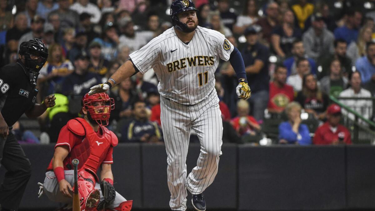 Tellez homers twice, Brewers hang on to outlast Reds 7-6 - The San Diego  Union-Tribune