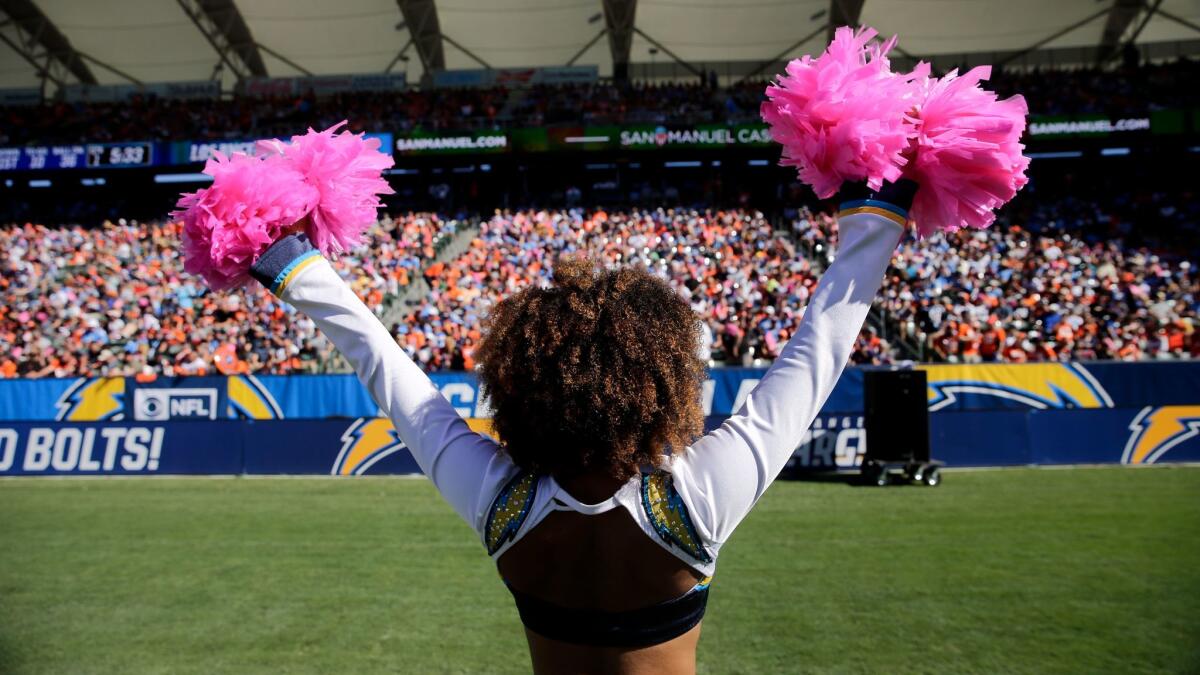 A Chargers cheerleader performs at a game against the Denver Broncos at StubHub Center in October.