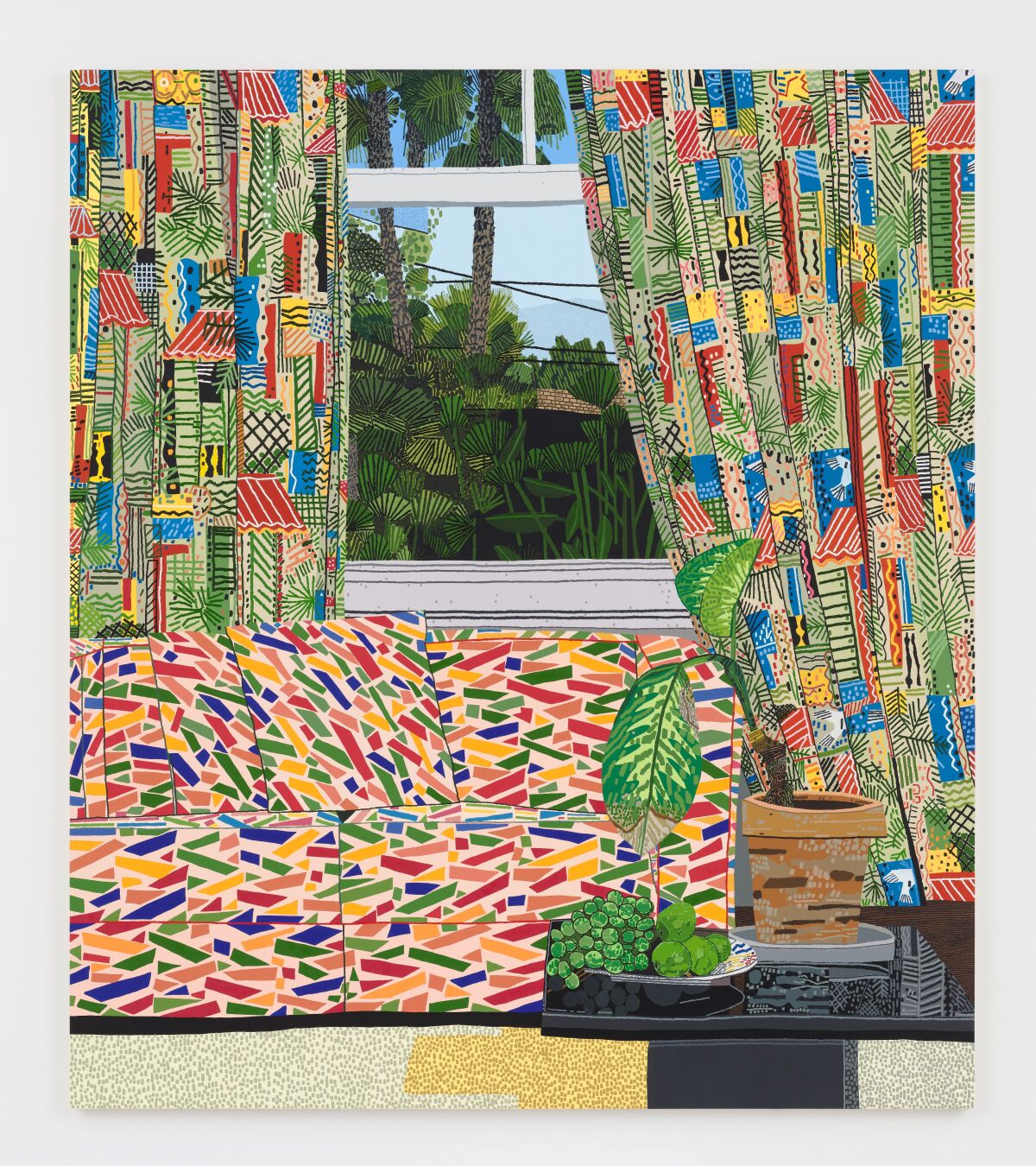 A painting of a window that's framed by strongly patterned couch and curtains.