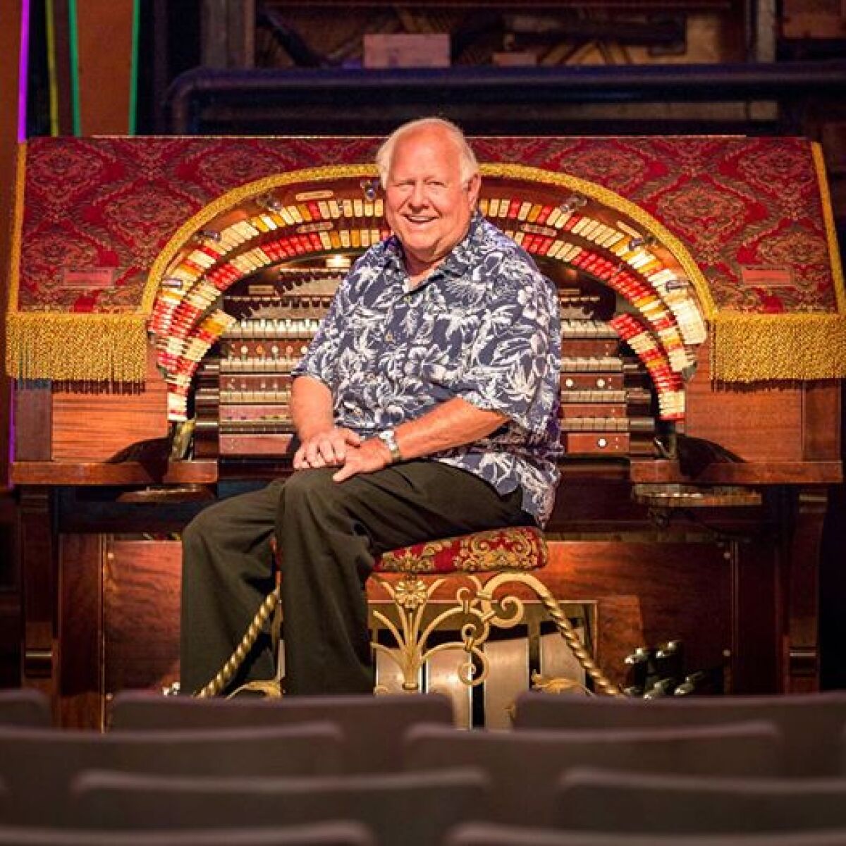 Bill Field seated at the Wurlitzer at El Segundo's Old Town Music Hall
