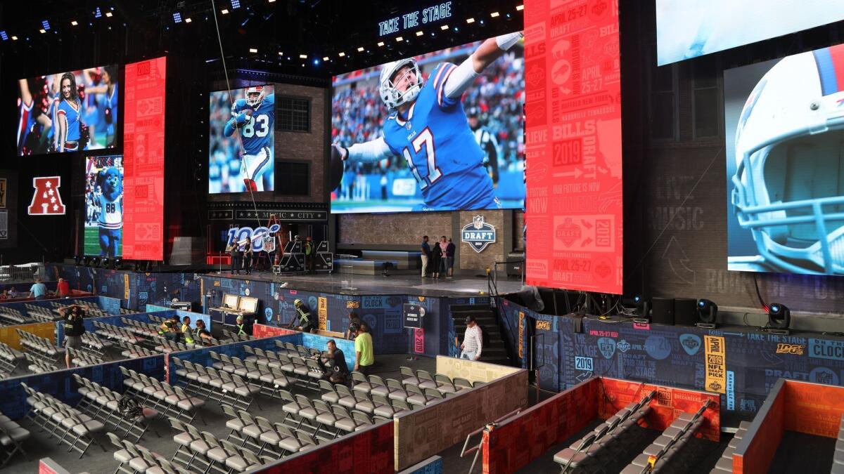 A general view of the main stage being constructed for the NFL draft, which begins Thursday in Nashville,