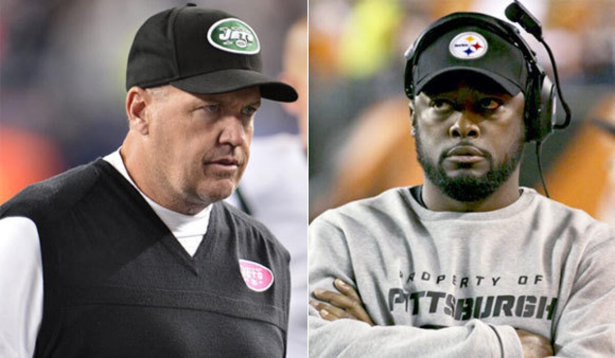 New York Jets Coach Rex Ryan, left, seems to be all talk, while Pittsburgh Coach Mike Tomlin has quietly gone 60-28 in six seasons with the Steelers.