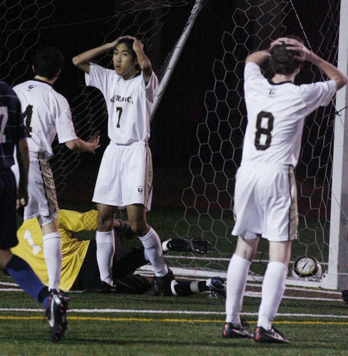 St. Francis' Reed Izumi shows some frustration after kicking the ball over the crossbar of the Notre Dame goal.