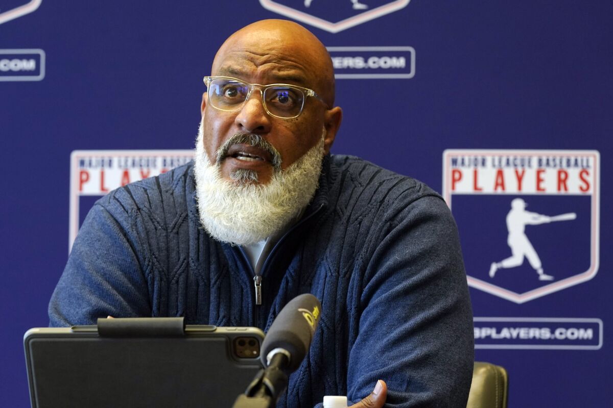 Major League Baseball Players Association Executive Director Tony Clark answers a question at a press conference in their offices in New York, Friday, March 11, 2022. Major League Baseball’s players and owners ended their most bitter money fight in a quarter-century Thursday when the players’ association accepted management’s offer to salvage a 162-game season that will start April 7. (AP Photo/Richard Drew)