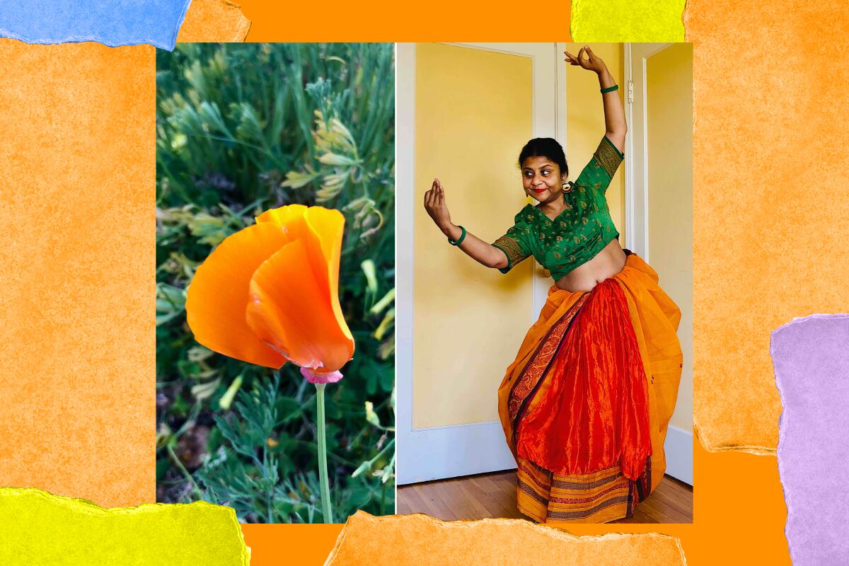Two images: one of a poppy, another of a woman in green top and orange sari posing with arms raised.