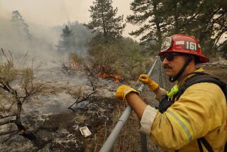 WRIGHTWOOD CALIF SEPTEMBER 11, 2024 - San Bernardino County fire captain looks over the charred landscape from the Bridge fire burning in Wrightwood on Wednesday, Sept. 11, 2024. The Bridge fire has carried more that 40,000 acres and is at 0% containment. (Allen J. Schaben / Los Angeles Times)