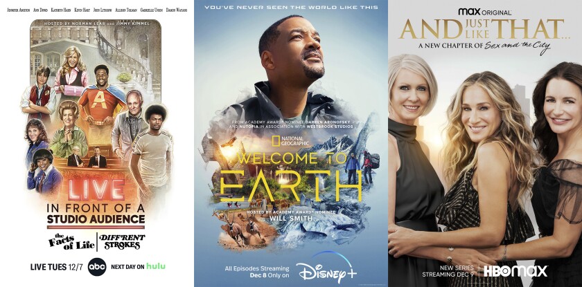 This combination of photos shows promotional art for, “Live in Front of a Studio Audience,” with reenactments of “Diff’rent Strokes” and “The Facts of Life” episodes, airing Dec. 7 on ABC, left, "Welcome to Earth," a six-part limited series premiering Dec. 8, on Disney+, center, and HBO Max's 10-episode “And Just Like That," premiering Dec. 9. (ABC/Disney+/HBO Max via AP)