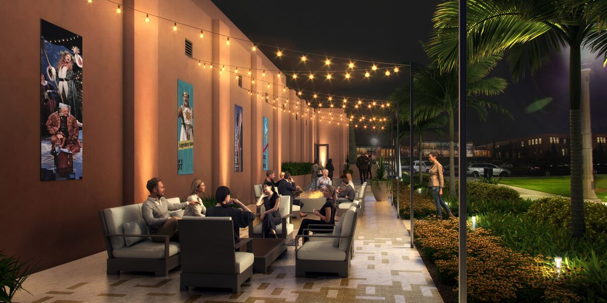 An outdoor patio is part of the proposed performing arts center, as shown in this rendering.