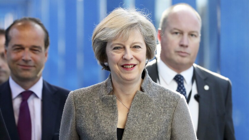 British Prime Minister Theresa May arrives for the Conservative Party conference on Monday in Birmingham, England.