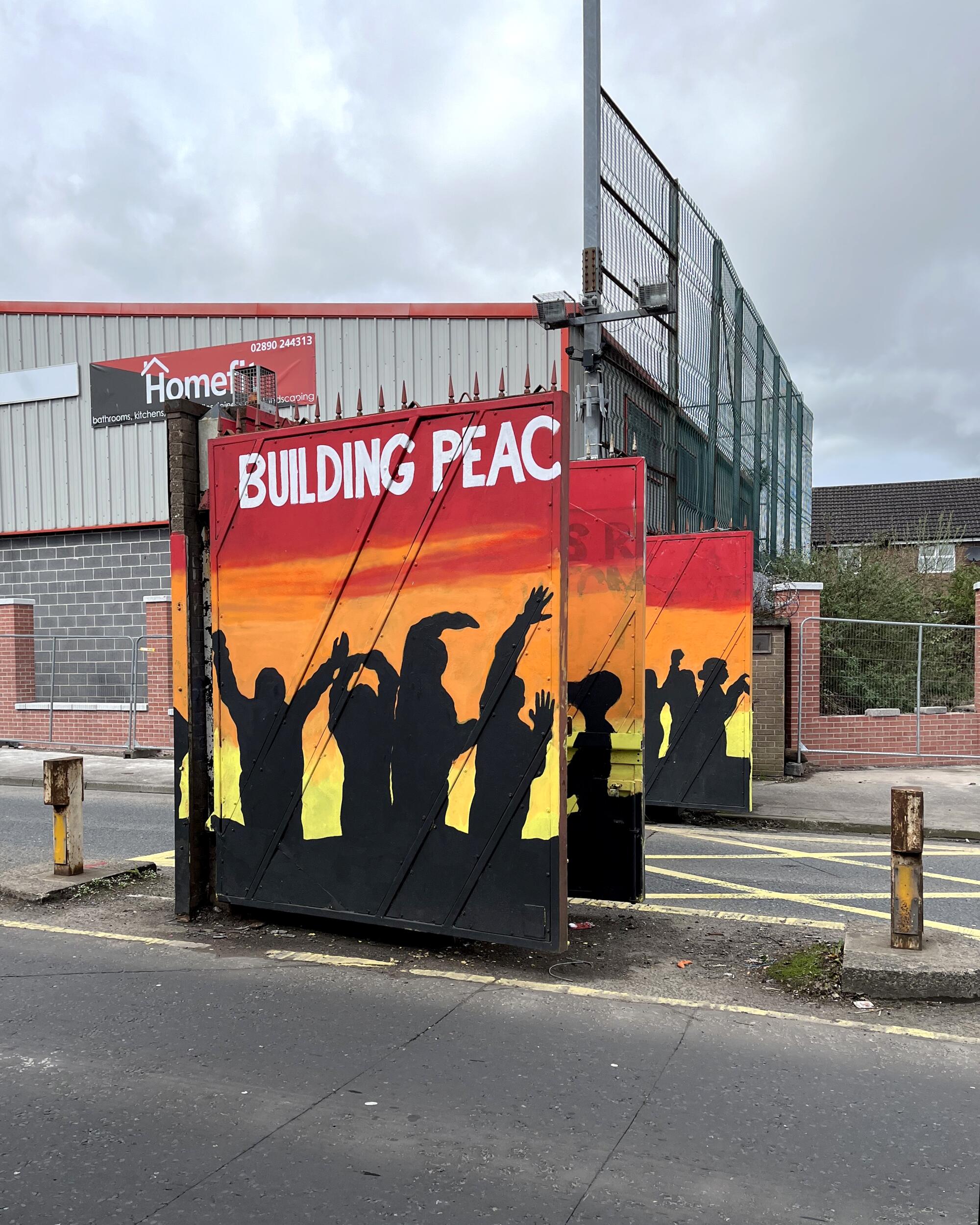 A gate in the "peace wall" dividing Protestant and Catholic neighborhoods in west Belfast