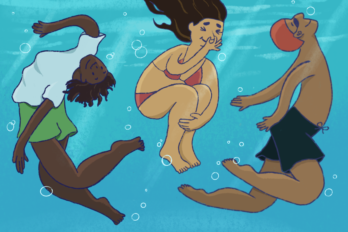 Illustration of three swimmers underwater.