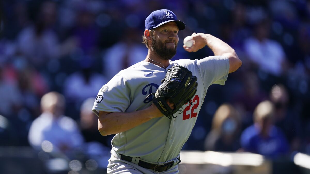 Dodgers starting pitcher Clayton Kershaw delivers against the Colorado Rockies on April 1.