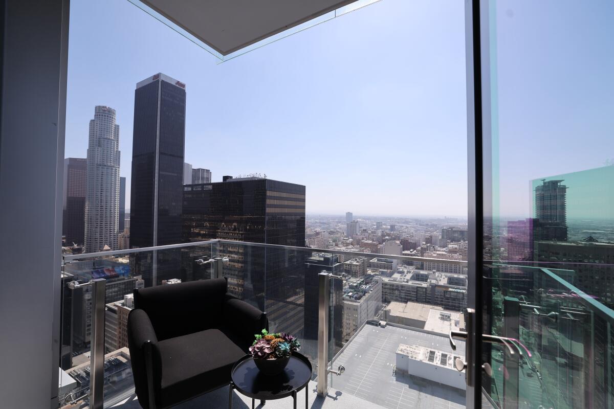 View of downtown Los Angeles from a balcony at Figueroa Eight, a 41-story apartment tower in downtown Los Angeles.