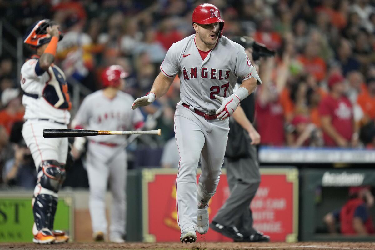 Mike Trout leaves the batter's box after he hit a three-run home run during the second inning Sept. 10, 2022.