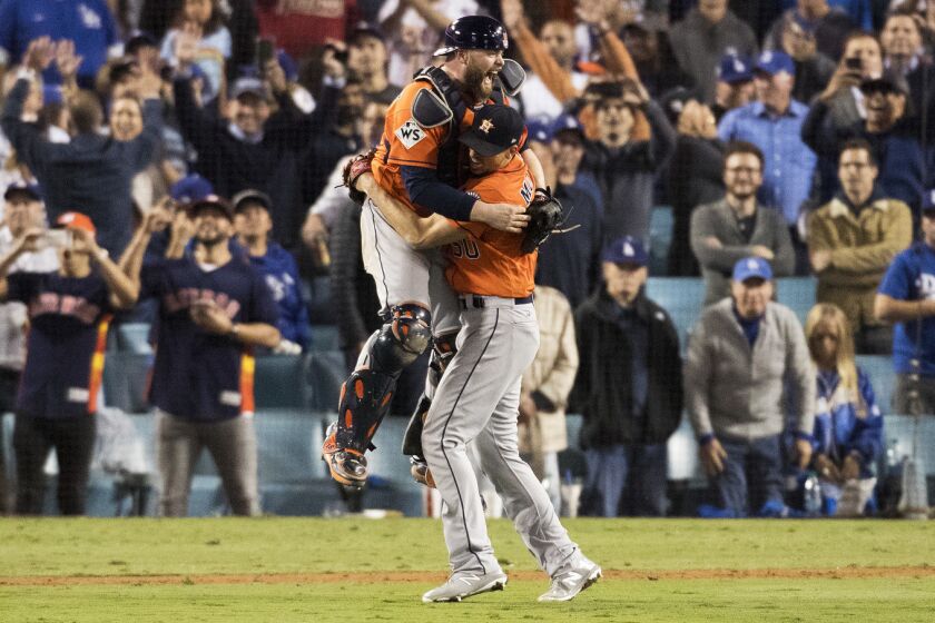 LOS ANGELES, CA - NOVEMBER 1, 2017: Houston Astros celebrate beating the Dodgers.