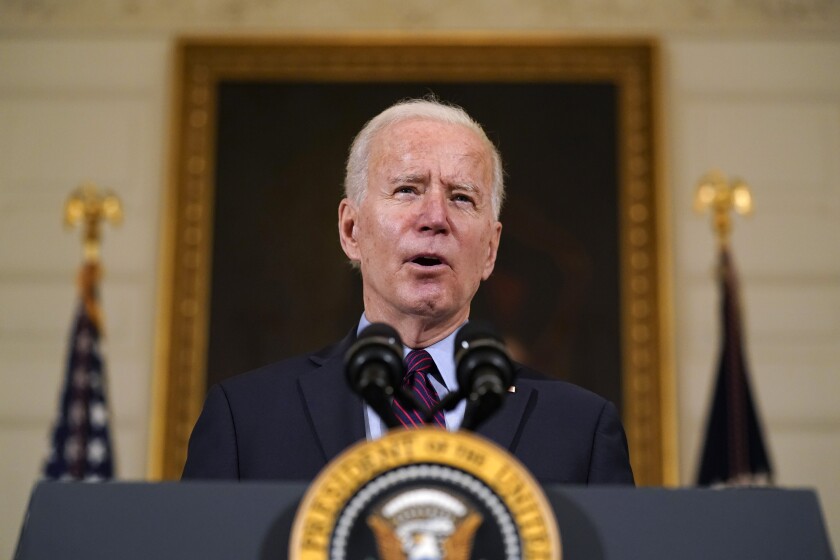 FILE - In this Friday, Feb. 5, 2021, file photo, President Joe Biden speaks in the State Dining Room of the White House, in Washington. (AP Photo/Alex Brandon, File)