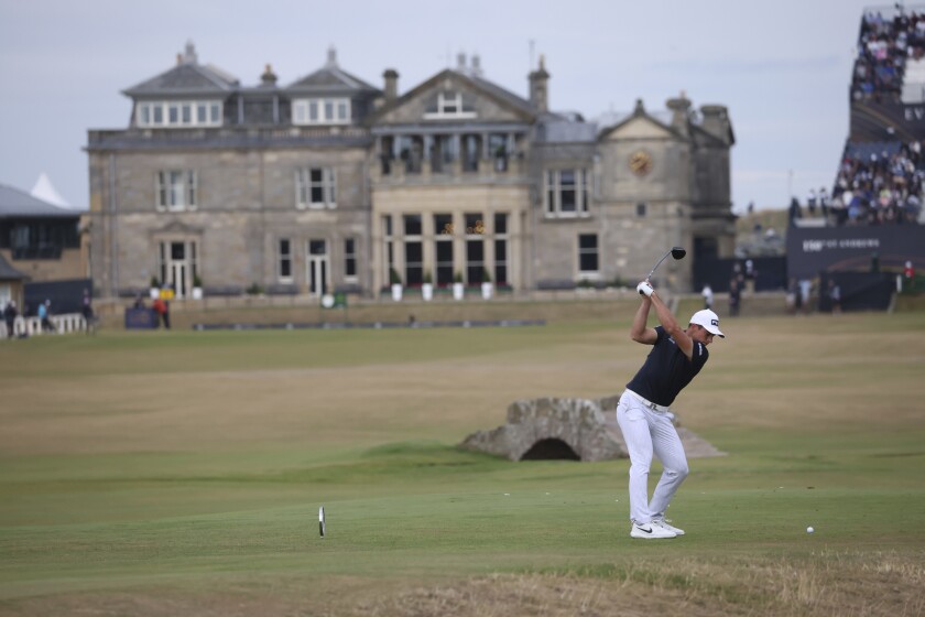 Viktor Hovland plays from the 18th tee in the third round of the British Open at St Andrews on Saturday.