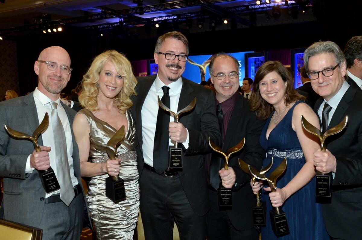 "Breaking Bad" writers Sam Catlin, left, Moira Walley-Beckett, Vince Gilligan, Thomas Schnauz, Gennifer Hutchison and Peter Gould at the 2014 Writers Guild Awards.
