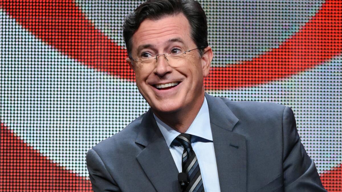 Stephen Colbert participates in the "The Late Show with Stephen Colbert" segment of the CBS Summer TCA Tour in Beverly Hills, Calif.