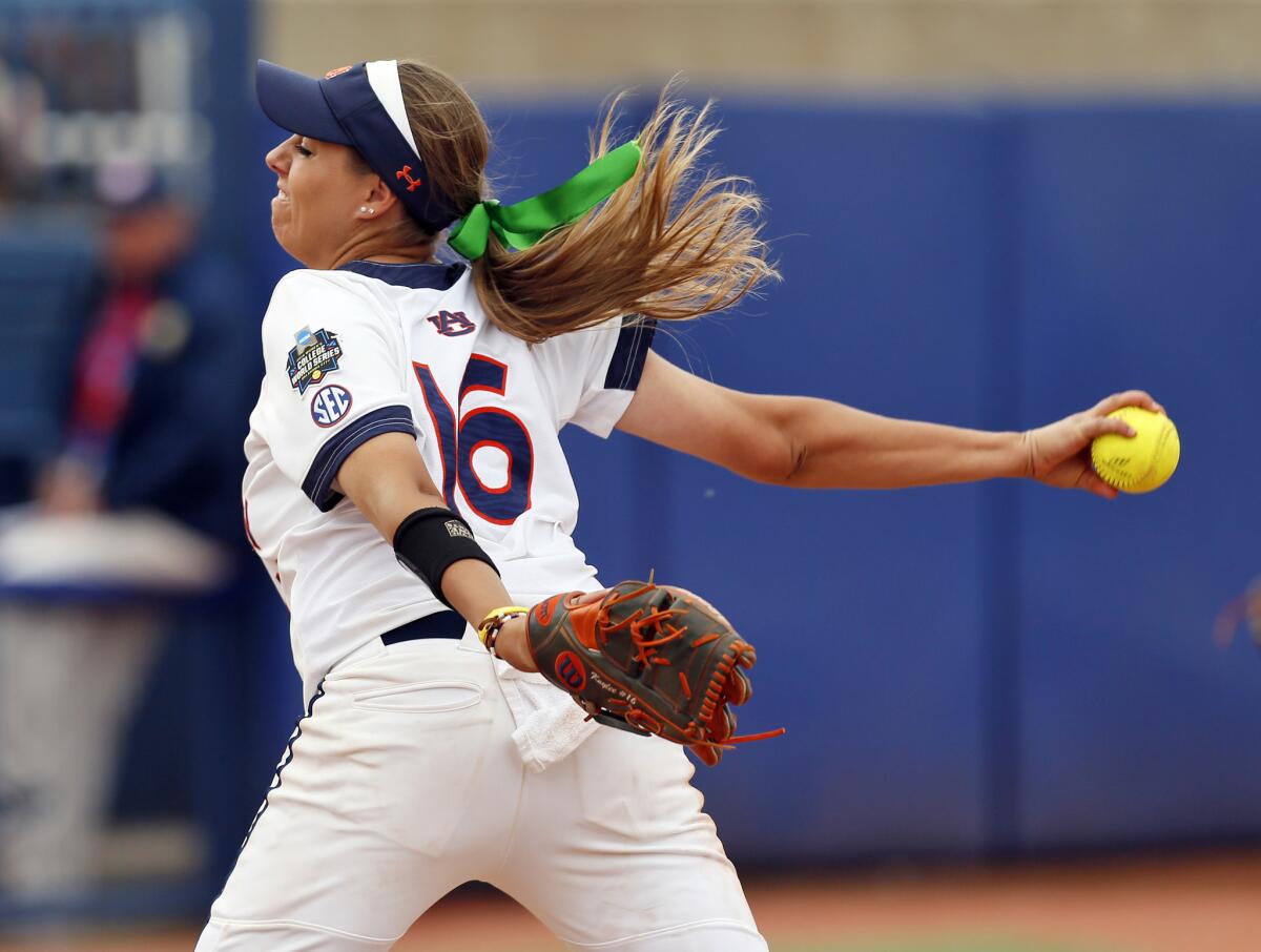 Auburn's Kaylee Carlson pitches against UCLA during a Women's College World Series game on June 2.