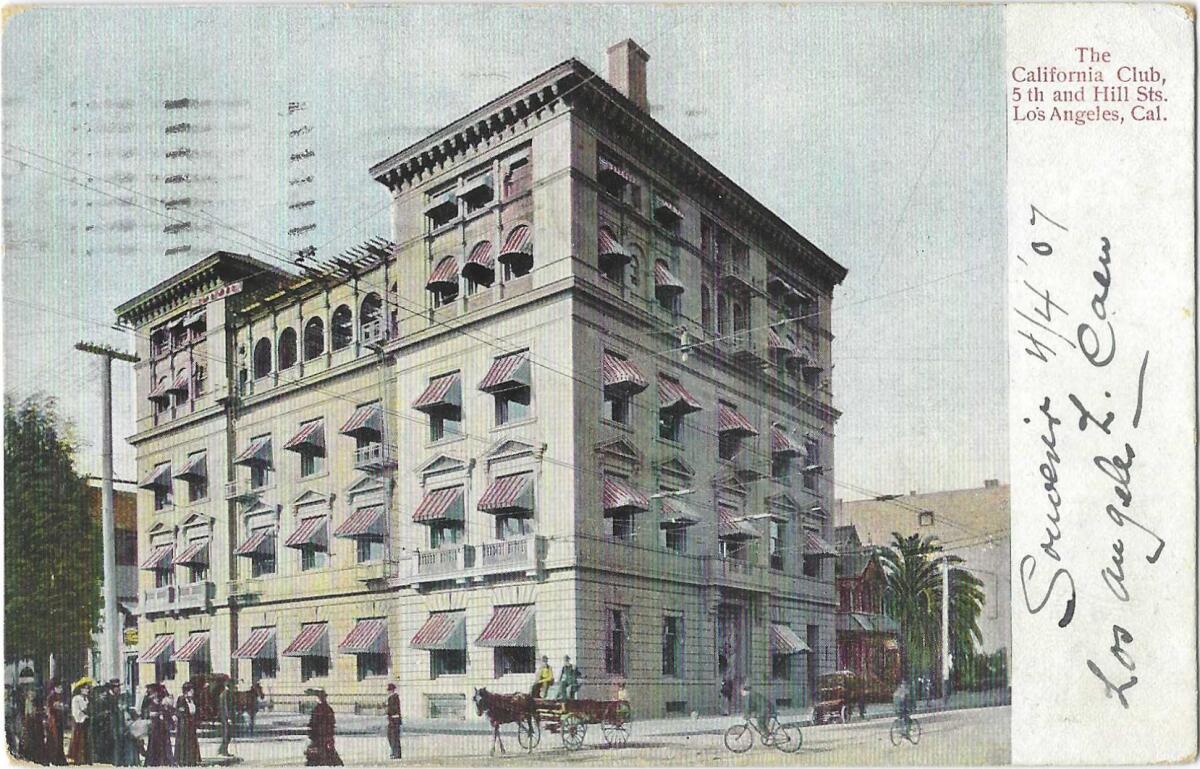 Street scene and exterior view of California Club, with red and white striped awnings