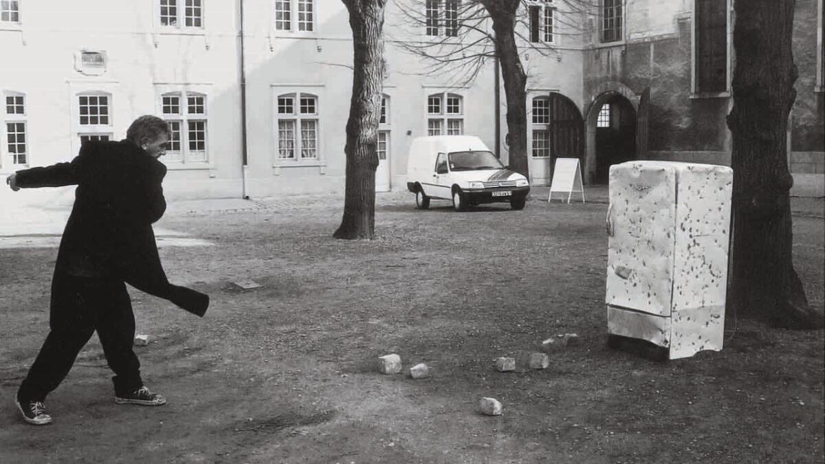 A still from "Stoning the Refrigerator," 1996, by Jimmie Durham, on view at the Hammer Museum. (Hammer Museum)