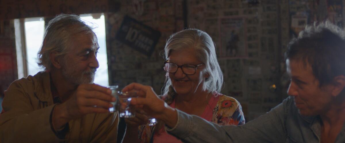  David Strathairn, Linda May and Frances McDormand clink glasses.