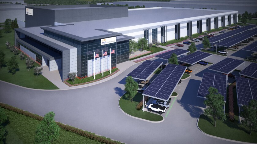 This image provided by MP Materials shows a new a new factory to be built by MP Materials in Fort Worth, Texas, starting in 2023. General Motors has taken two more steps to make sure it has the raw materials for the transition from petroleum to battery power, this time involving magnets for electric vehicle motors. On Thursday, Dec. 9, 2021 the company said it has a deal with MP Materials to supply rare earth metals and finished magnets for the motors from a new factory to be built in Fort Worth, Texas, starting in 2023. (MP Materials via AP)