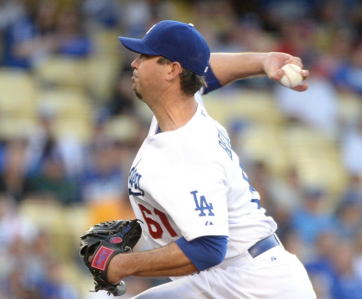 Dodgers pitcher Josh Beckett wasn't at his best against Cleveland on Tuesday, but he walked only one batter while giving up five runs in his five innings.