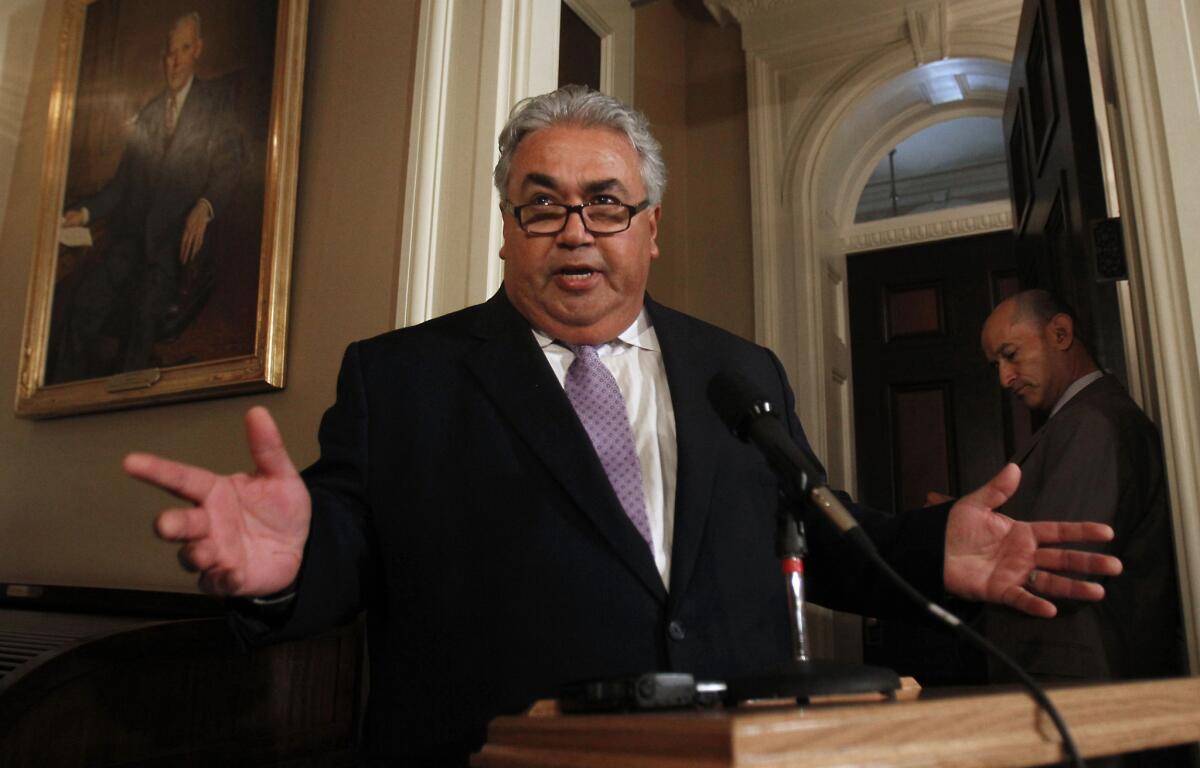 State Sen. Ron Calderon (D-Montebello) speaks to the media Monday at the Capitol for the first since the FBI raided his Sacramento offices last week.