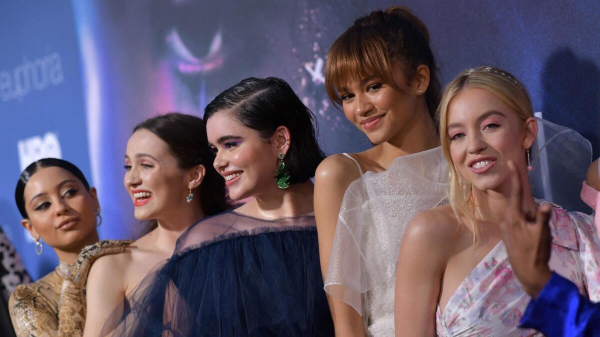Alexa Demie, from left, Maude Apatow, Barbie Ferreira, Zendaya and Sydney Sweeney attend the Los Angeles premiere of the new HBO series "Euphoria" at the Cinerama Dome theater in Hollywood on June 4.