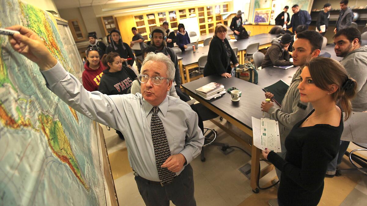 Los Angeles Valley College, founded in 1949 in Van Nuys, moved to its current location in what is now Valley Glen in 1951. The community's name was ratified by the city in 2004. Above, Valley College geography instructor Don Gauthier teaches a class in 2010.