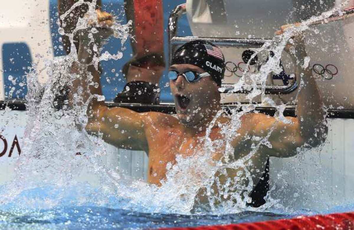 Tyler Clary reacts after winning the men's 200-meter backstroke Thursday.