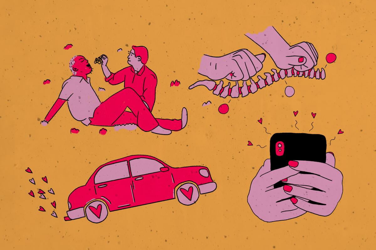 Illustration of a man feeding a man grapes, hands on a spine, a car emitting hearts and hands holding a smartphone