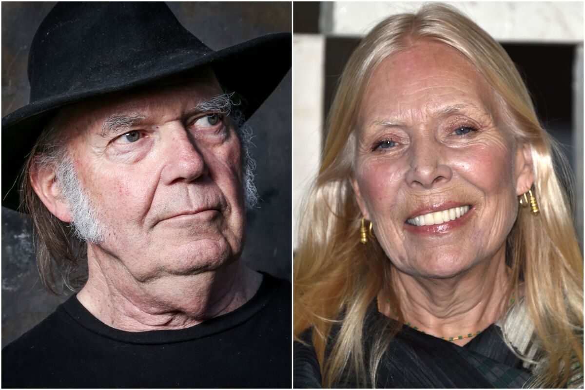 A split image of Neil Young wearing a black hat, left, and Joni Mitchell wearing gold earrings